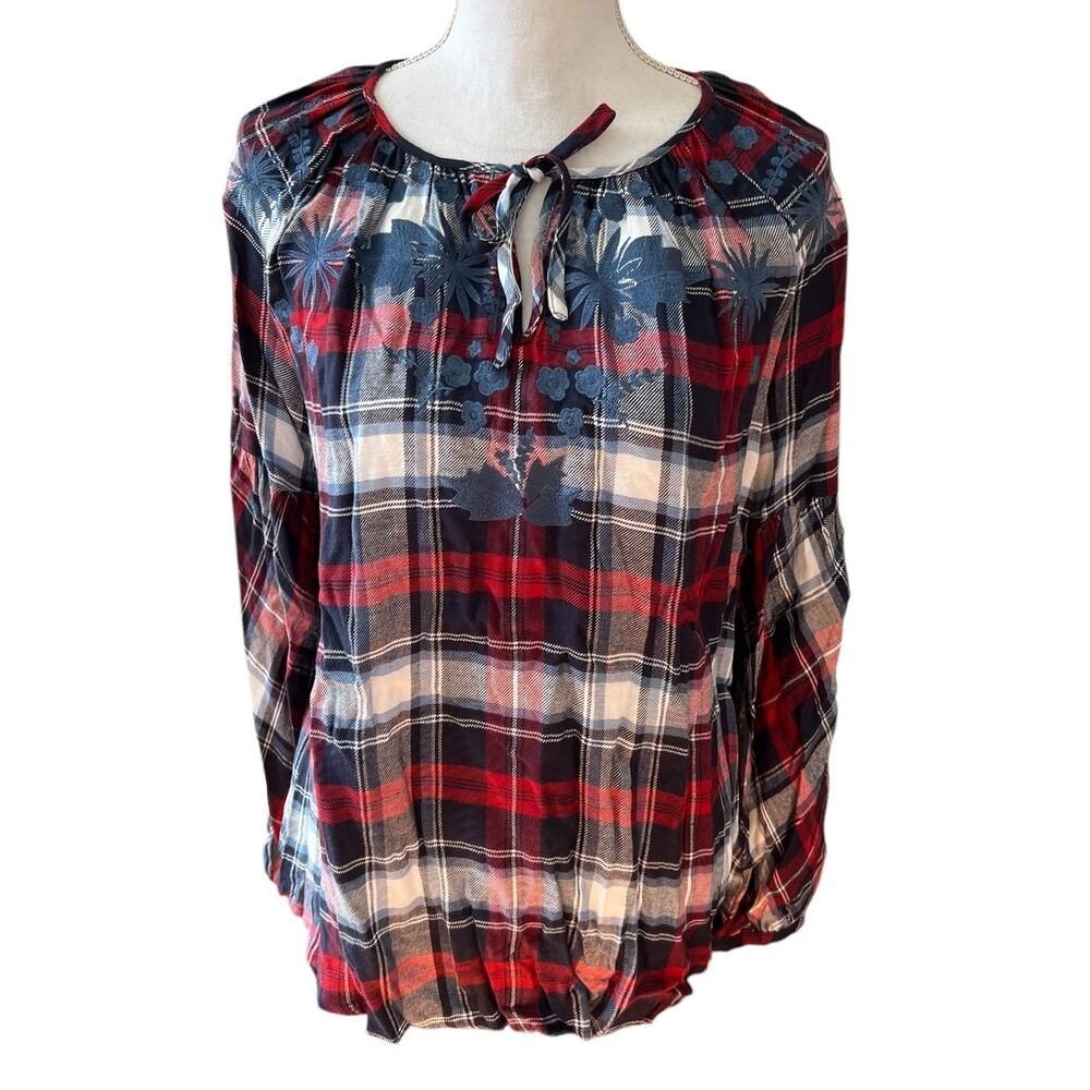 Vince Camuto Plaid Flannel Embroidered Babydoll Top S